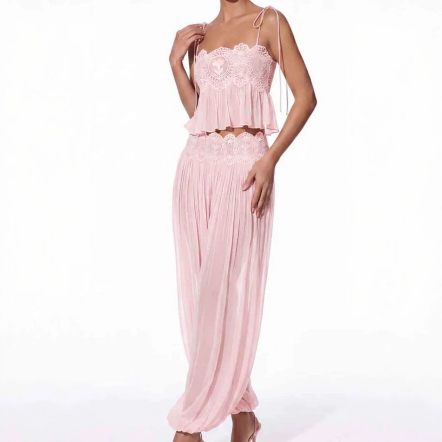 Women Long Pant Set Square Nec - Lace Trim Cami ulasan dan harga