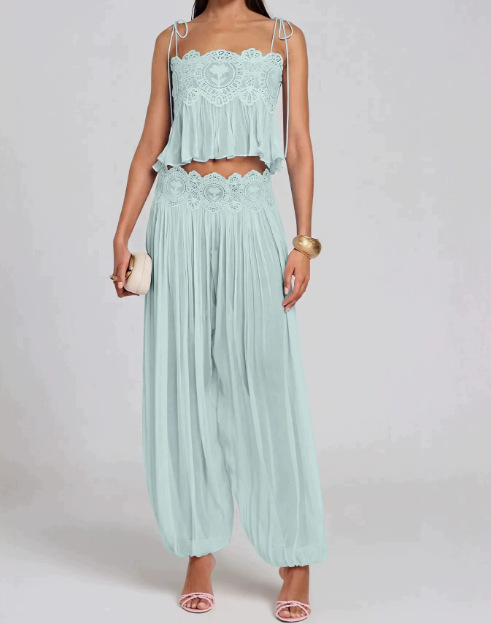 Women Long Pant Set Square Nec - Lace Trim Cami ulasan dan harga